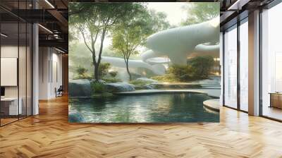 Serene, futuristic public park with flowing water features and organic shapes, offering a peaceful urban retreat Aesthetic Urban Retreat, Future park design Wall mural