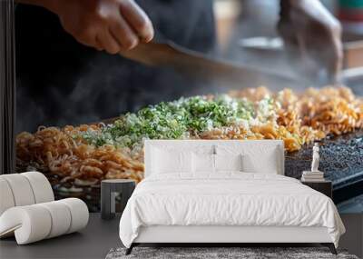 Street food vendor preparing yakisoba noodles on a hot griddle, Japanese food, festival scene Wall mural