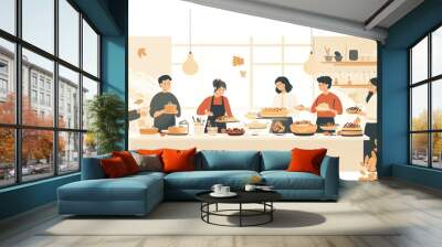 Thanksgiving friends gathering with potluck dishes, cozy home setting, warm lighting, flat design, isolated on white background Wall mural