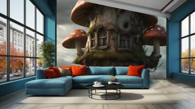 A whimsical mushroom house in the dried forest on gloomy day, fairy tale and fantasy style, ideal for enchanting storybook  Wall mural