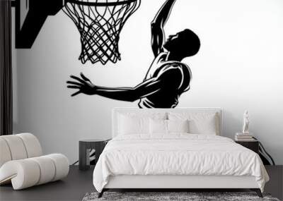 Silhouette of a male basketball player shooting a ball in the hoop on white background, flat cartoon illustration Wall mural