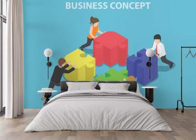 isometric business people pushing and assembling four jigsaw puz Wall mural