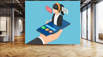 Isometric businessman hand holding smartphone with female call center icon Wall mural