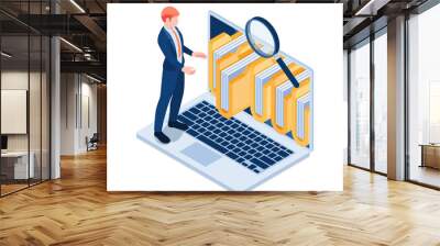 isometric businessman manage folders and files on laptop screen Wall mural