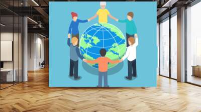 Isometric people around the world holding hands Wall mural