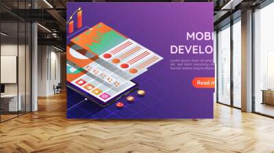 Isometric smartphone with mobile application user interface layer Wall mural