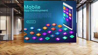 Isometric web banner smartphone with mobile app icon Wall mural