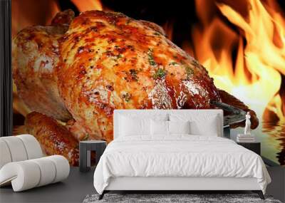 Roasted chicken cooking on fire ready for meal Wall mural