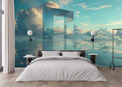 
A large rectangular mirror reflecting the sky with clouds, creating an illusion of infinite space and reflection. A surreal landscape in the style of digital art. Wall mural