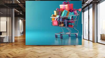 a shopping cart filled with colorful wrapped gifts, set against a bright blue background. Wall mural