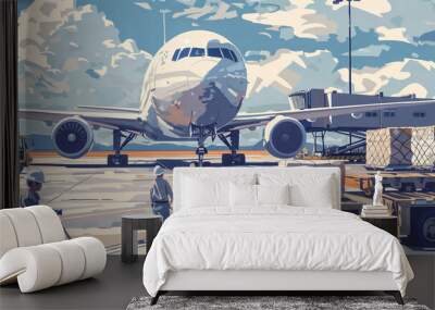 an air cargo journey from Korea to Japan for an overseas direct purchase. The artwork captures the dynamic process of international shipping, starting with the preparation of goods Wall mural