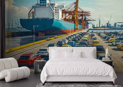 In the port of travel cars, there is an industrial ship with many new electric small and medium sized vehicles parked on it. Wall mural