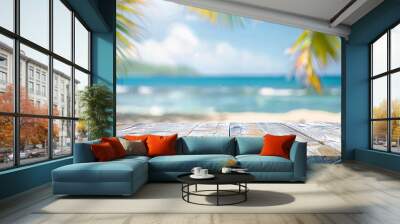 Top of white wood table with seascape and palm leaves, blur bokeh light of calm sea and sky at tropical beach background. Empty ready for your product display montage. summer vacation background conc Wall mural