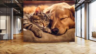 A dog and a cat sleeping hugging each other made with Ai generative technology Wall mural