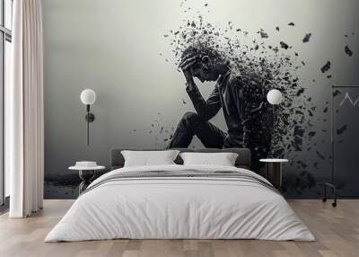 Depressed man with anxiety and addiction, illustration of depression made with Ai generative technology Wall mural