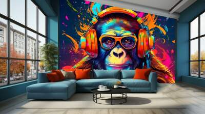 Monkey headphones with graffiti art made with Ai generative technology Wall mural