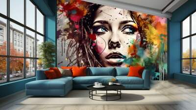 Portrait of beautiful lady with splash paint art made with Ai generative technology Wall mural