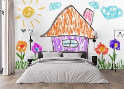 Children painting house flower sun clouds colorful cute Wall mural