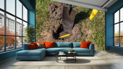 Buried plastic natural gas line in hole of yard. Shovel in soil and yellow buried gas warning flag marking location. Concept of notify utility location company for underground utitilies before digging Wall mural