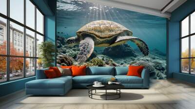 Sea Turtle swimming in ocean Wall mural