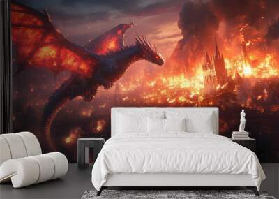 A fiery dragon soars over a burning city. Wall mural