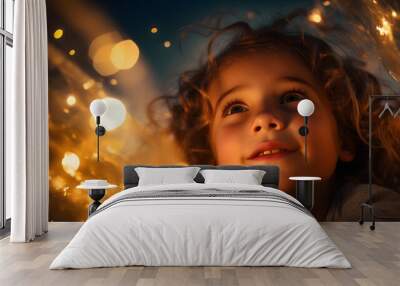 Close-up of child full of curiosity looking at beautiful lights of lanterns at the night sky filled with twinkling stars Wall mural