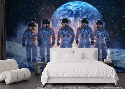 Five astronauts walk on the moon's surface, with Earth visible in the background. Wall mural