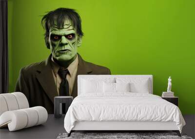 Adult Man Dressed as Frankenstein for Halloween on a Green Banner with Space for Copy Wall mural