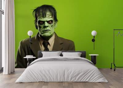 Adult Man Dressed as Frankenstein for Halloween on a Green Banner with Space for Copy Wall mural