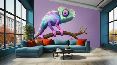 Colorful Chameleon Sitting on a Branch on a Purple Background with Space for Copy Wall mural