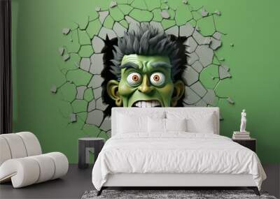 Cute Cartoon Frankenstein Breaking through a Wall Halloween Banner with Space for Copy Wall mural