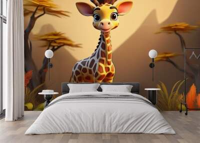 Cute Cartoon Giraffe Character on an African Plain  Wall mural