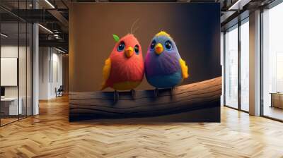 Cute Cartoon Lovebirds on a Branch (Generative AI) Wall mural