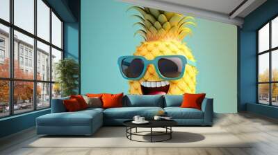 Cute Cartoon Pineapple Character with Sunglasses (Created with Generative AI) Wall mural