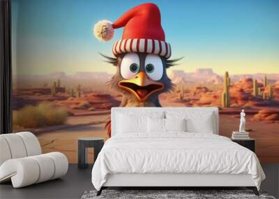 Cute Cartoon Roadrunner Wearing an Elf Hat for Christmas in the Desert Wall mural