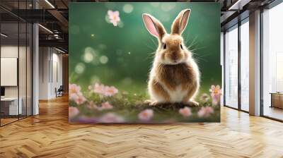 Cute Easter Bunny in a Field of Flowers (Generative AI) Wall mural