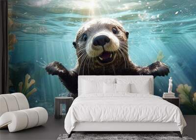 Cute Sea Otter Playing Underwater (Generative Ai) Wall mural