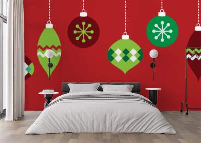 Red and Green Holiday Ornaments Wall mural