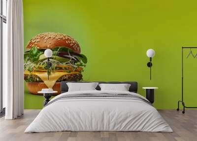 Vegetarian Burger on a Green Background with Space for Copy (Generative AI) Wall mural