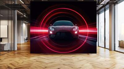 Sports Car Racing through Light Tunnel on Black Led Background - Dynamic Red Wall mural