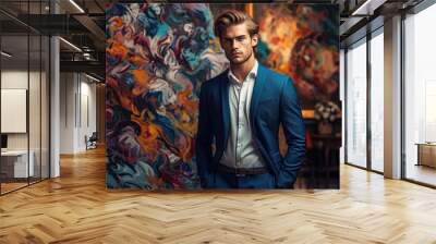 Stylish Man in Blue Suit Poses in Front of Colorful Painting, Generated AI
 Wall mural