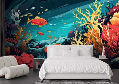 Coral Reef and Fish Graphic: Bold Lines and Vibrant Colors Background Created with Generative AI Wall mural