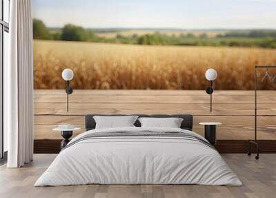 Rustic Wooden Tabletop with Farm Field Background Wall mural