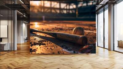 baseball ball and baseball hat and gloves with base and outfield in background. at the golden hour Wall mural