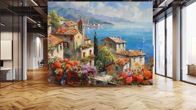 beautiful oil painting of an old mediterranean european town Wall mural