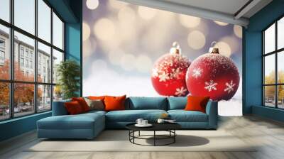 Christmas red balls on snow on festive background - christmas decorations and background Wall mural