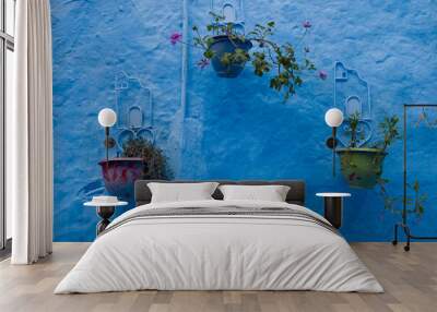 flower pots hanging in a blue wall in Chefchaouen, Morocco Wall mural