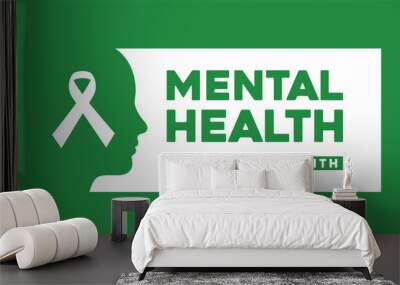 Mental health awareness month campaign concept background with human head silhouette and a  ribbon  Wall mural