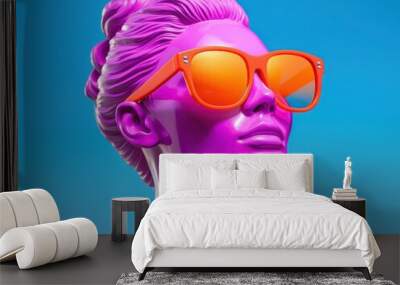 pop art statue head of a woman with sunglasses on bright blue background Wall mural