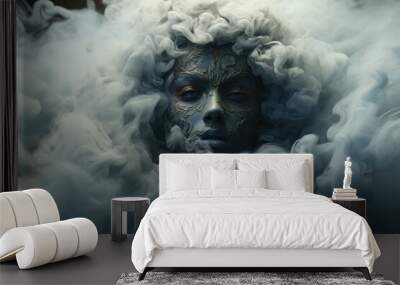 women face between smoke - monster face out of smoke - fantasy background, halloween, horror background Wall mural